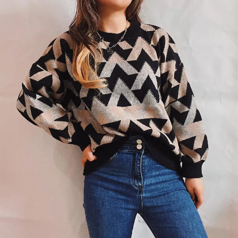 Women's Clothing New Autumn And Winter Loose Retro Geometric Triangle Round Neck Long Sleeve Pullover Sweater