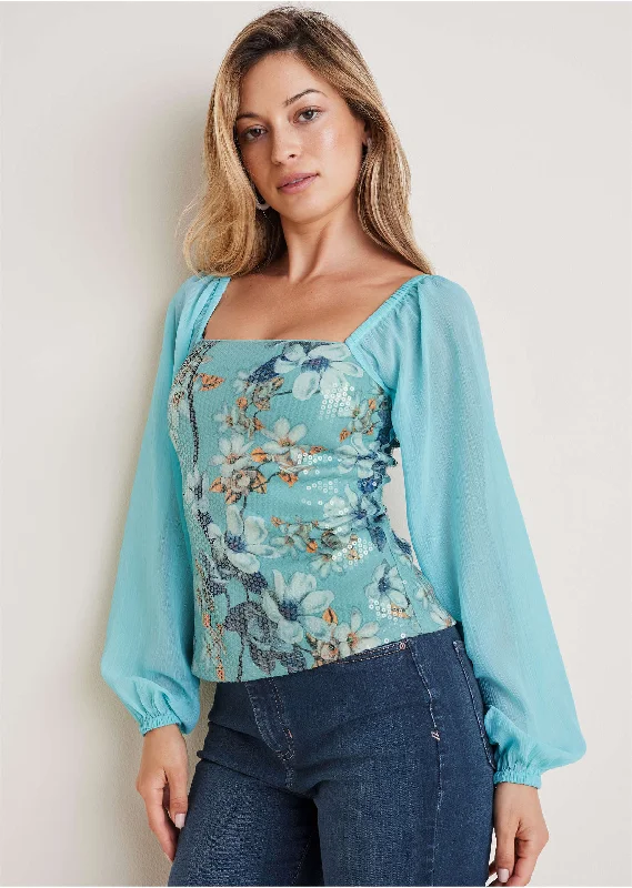 Opulent Sequin Blouse - Light Blue Multi