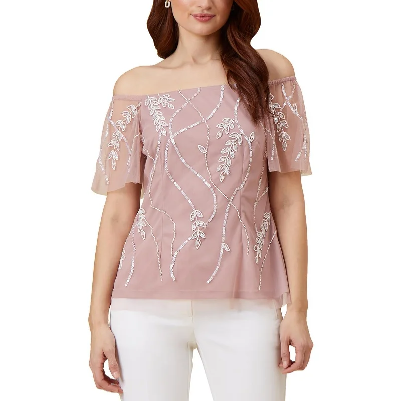 Adrianna Papell Womens Beaded Mesh Blouse