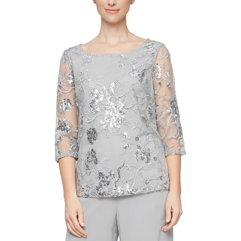 Alex Evenings Womens Petites Sequins Mesh Overlay Pullover Top