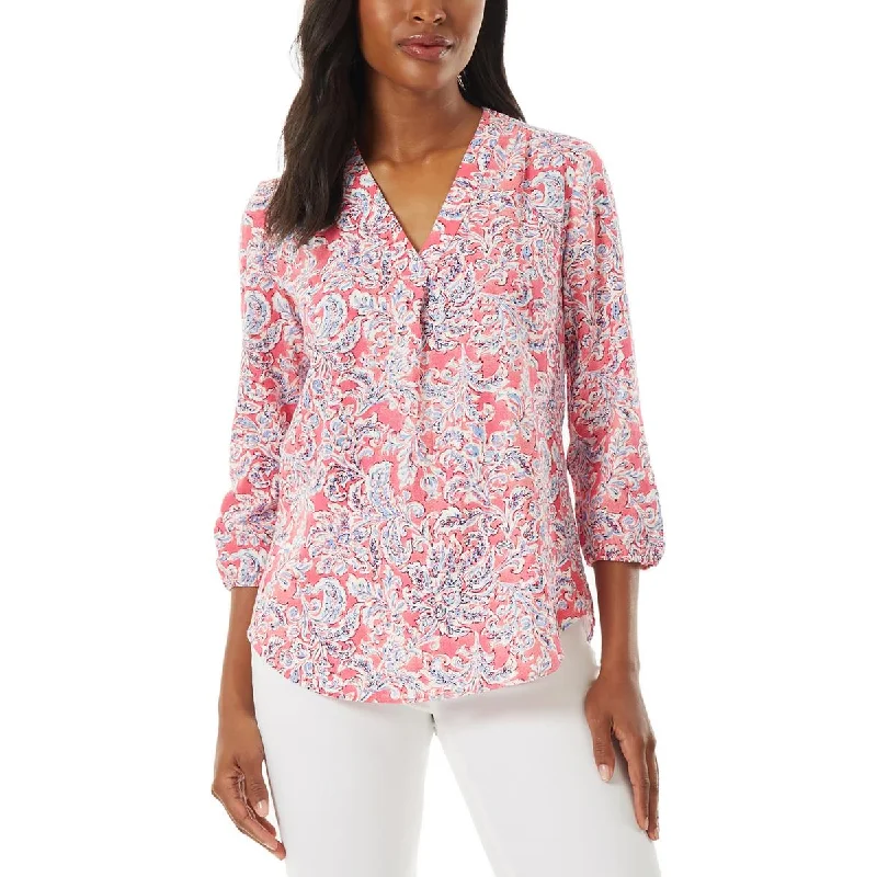 Jones New York Womens V-Neck Three-Quarter-Sleeves Blouse