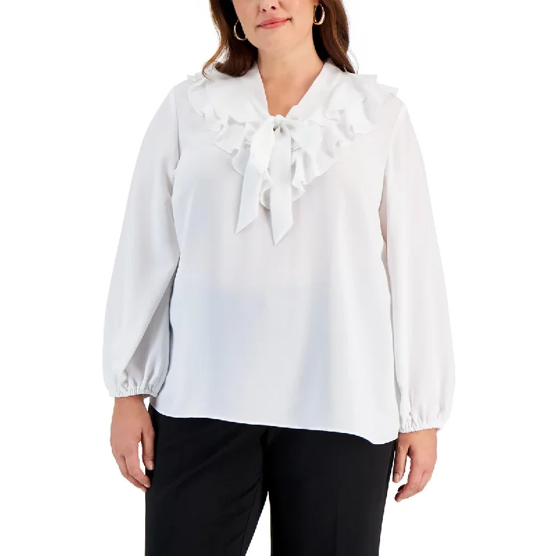 Kasper Womens Plus Ruffled Tie Neck Blouse