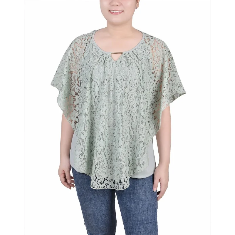 NY Collection Womens Petites Poncho Sleeve Lace Overlay Blouse