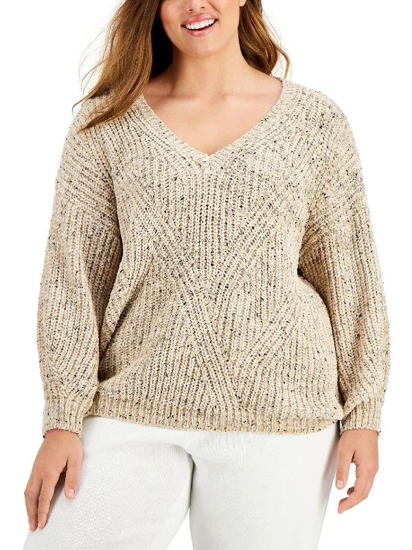 Plus Womens Chenille Pullover V-Neck Sweater