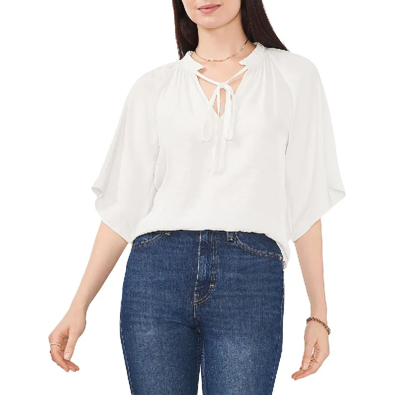 Vince Camuto Womens Sheer Ruffle Split Neck Blouse