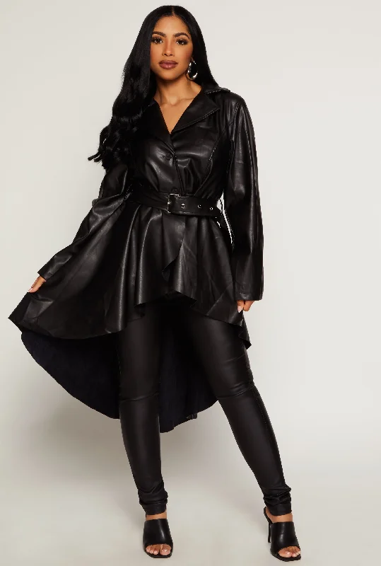 Belted High Low Faux Leather Jacket