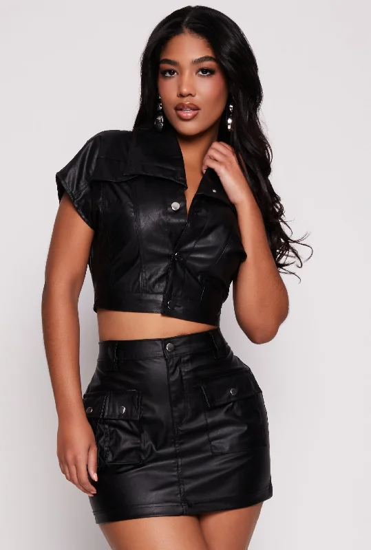 Faux Leather Short Sleeve Cropped Jacket