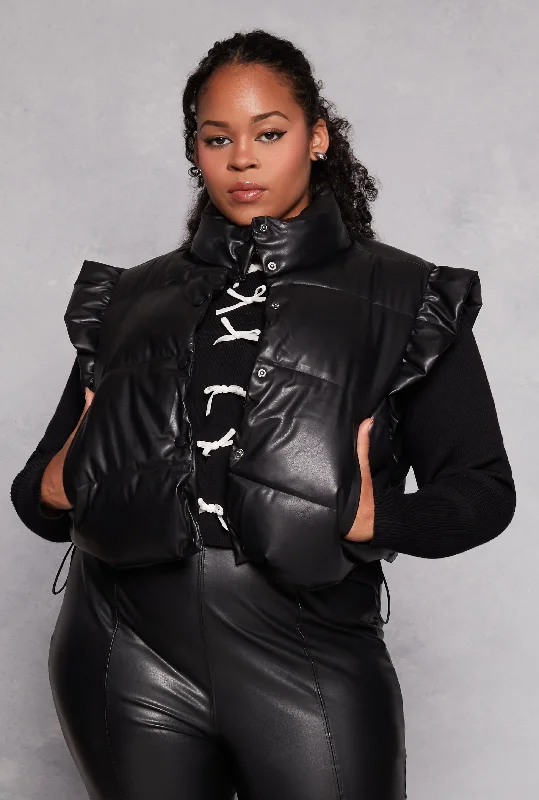 Plus Size Almost Famous Flutter Sleeve Faux Leather Puffer Vest