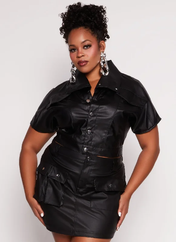 Plus Size Faux Leather Short Sleeve Cropped Jacket