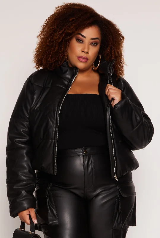 Plus Size Faux Leather Zip Front Long Sleeve Puffer Jacket