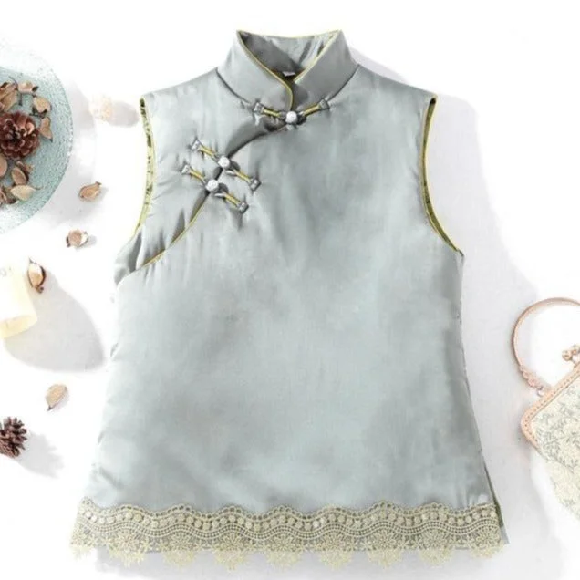 Cheongsam Top Retro Chinese Wadded Waistcoat Vest with Lace Edge