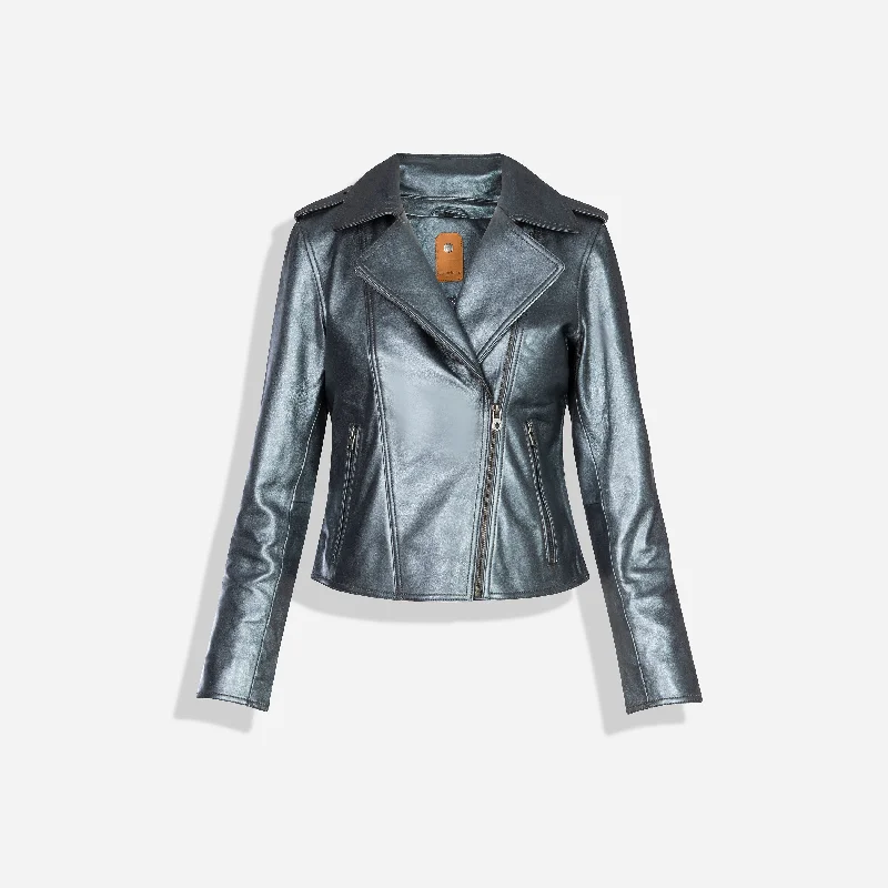 Tracey Biker Jacket, Metallic Gun Metal Silver