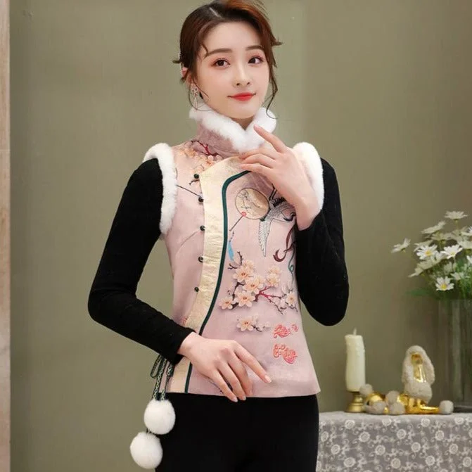 Floral Brocade Stand Collar Fur Edge Chinese Wadded Waistcoat Vest