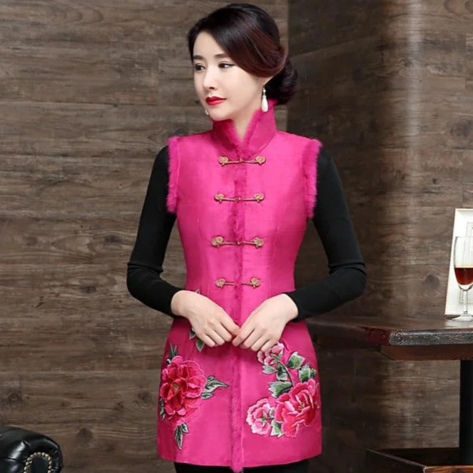 Floral Embroidery Stand Collar Chinese Style Wadded Waistcoat Vest