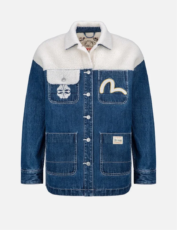 Kamon Print Sherpa Mixed Denim Shirt Jacket