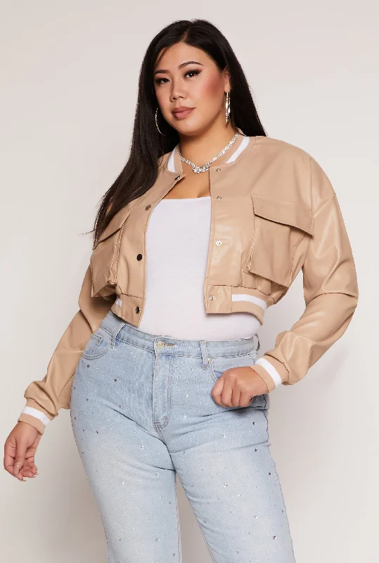 Plus Size Faux Leather Cargo Cropped Bomber Jacket