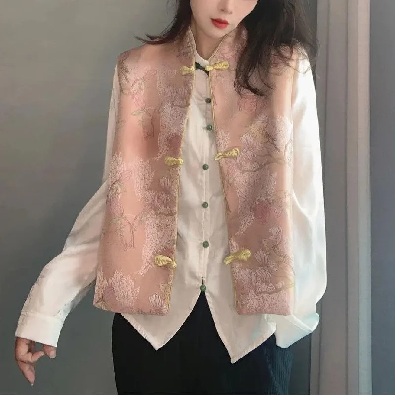 Mandarin Collar Floral Embroidery Brocade Chinese Style Waistcoat Vest