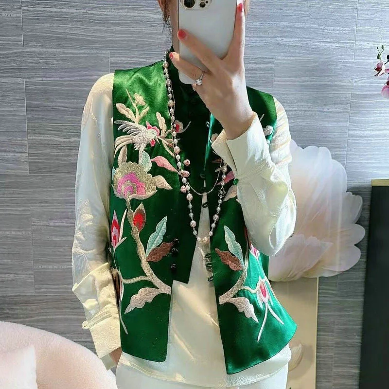 Mandarin Collar Floral Embroidery Silk Chinese Style Waistcoat Vest