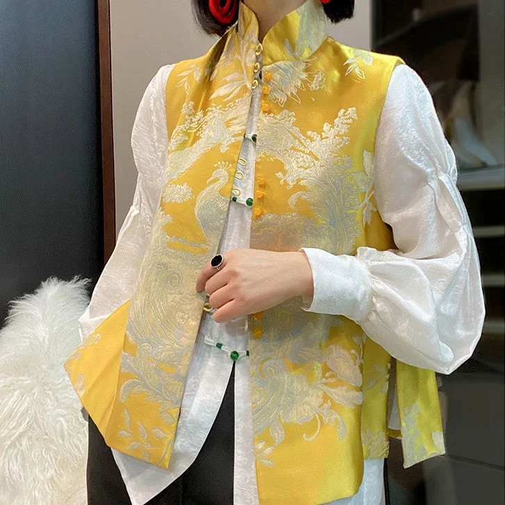 Mandarin Collar Peacock Pattern Brocade Chinese Style Waistcoat Vest