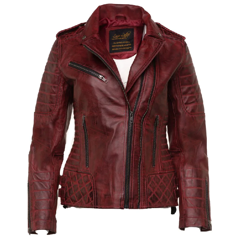 Marissa's Antique red diamond quilted leather jacket with double zipper