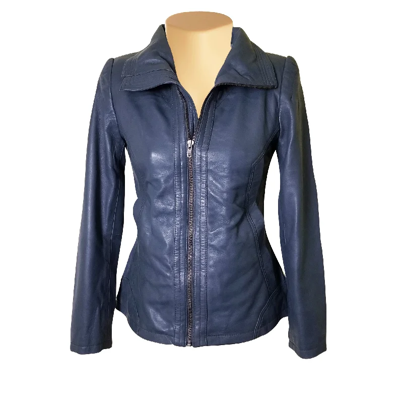 Marva Grey Leather Jacket With Flap Collars