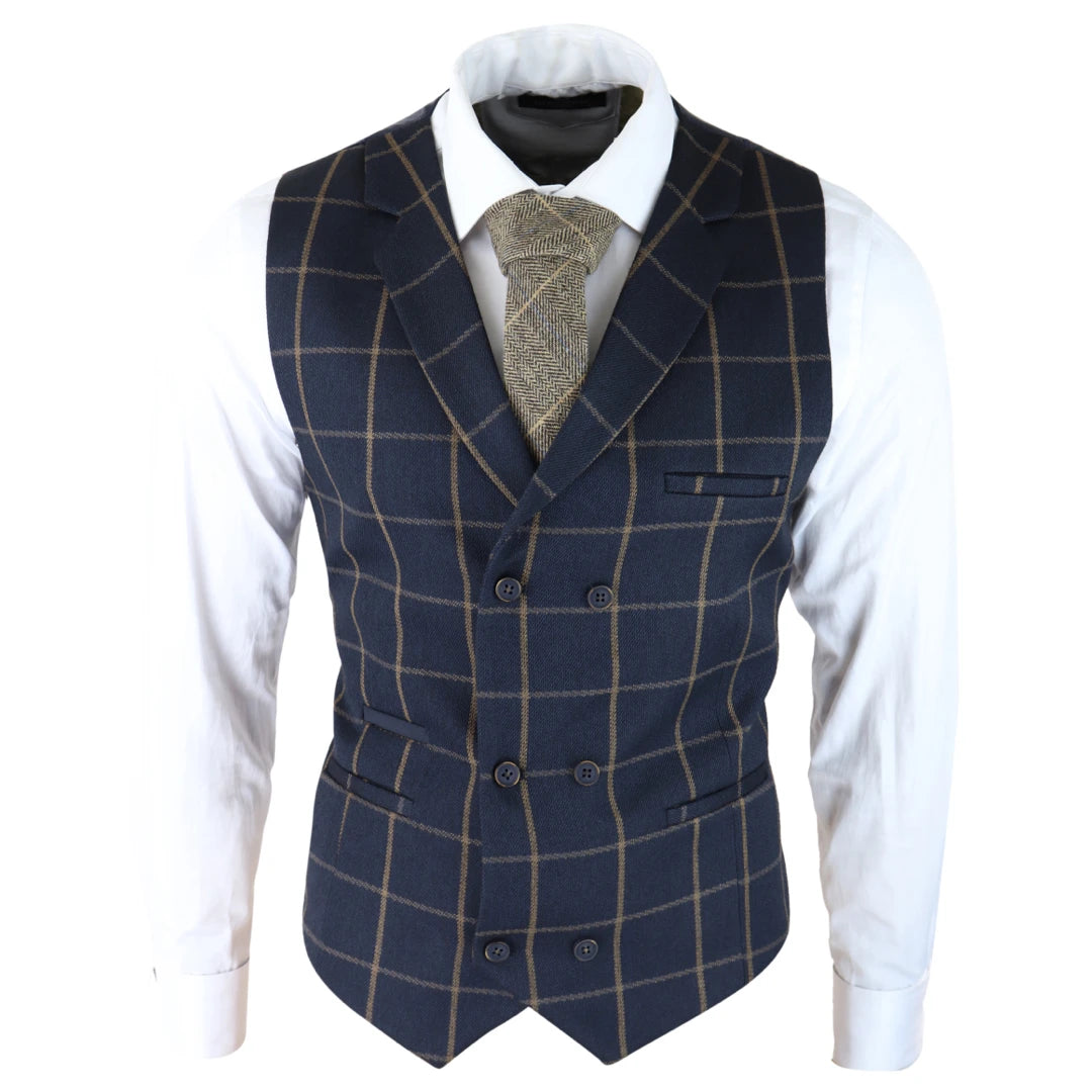 ak-15 - Men's Classic Waistcoat Prince Of Wales Check Navy Wedding