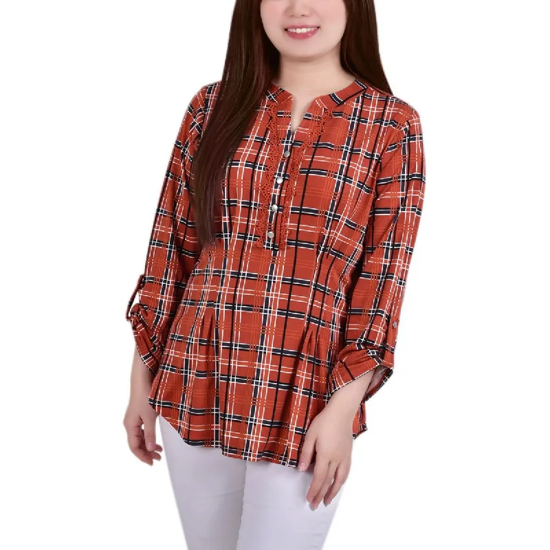 NY Collection Womens Petites Plaid  Blouse