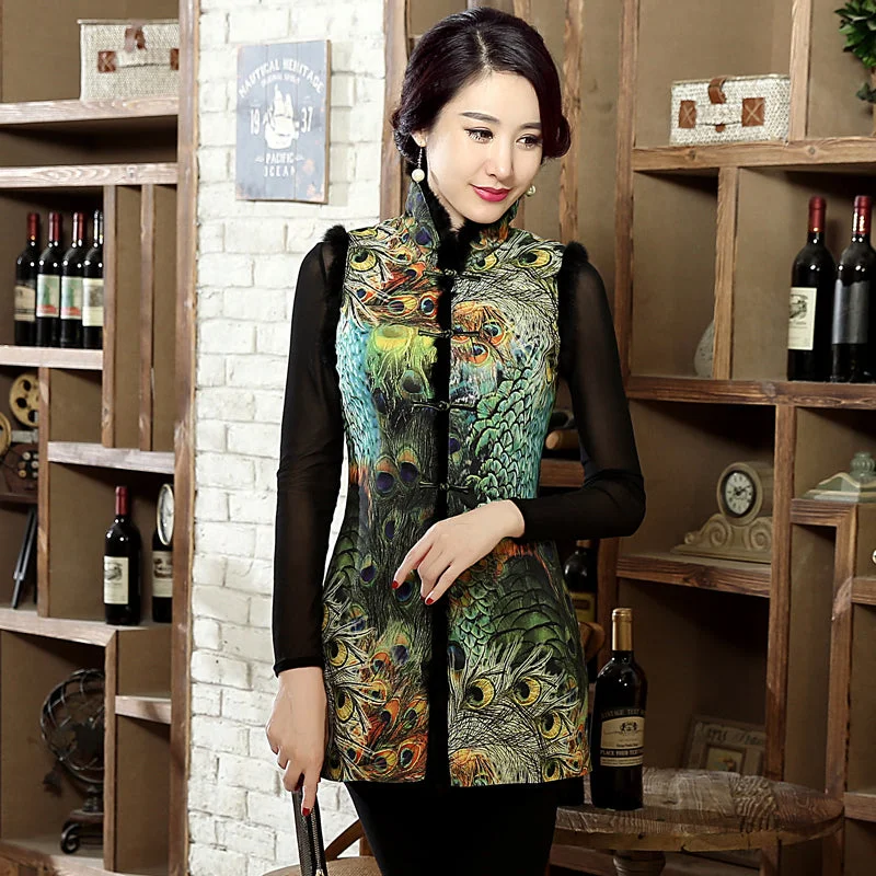 Peacock Feather Pattern Fur Collar & Edge Chinese Style Wadded Waistcoat Vest