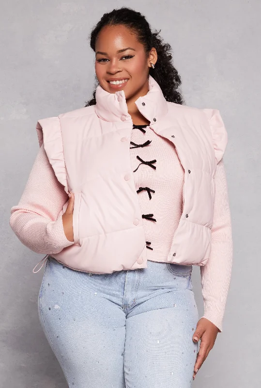 Plus Size Almost Famous Flutter Sleeve Faux Leather Puffer Vest