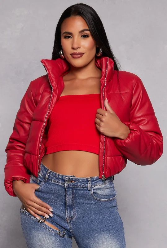 Faux Leather Funnel Neck Puffer Jacket