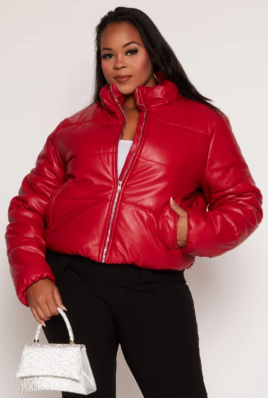 Plus Size Faux Leather Zip Front Long Sleeve Puffer Jacket