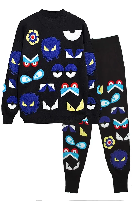 Funny Eyes Black Knitted Top and Pants Set with Multicolored Embroidery