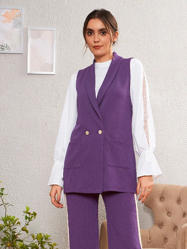 Women Purple Double-Breast Sleeveless Longline Blazer