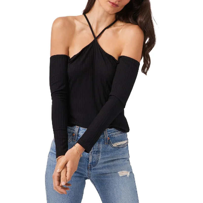 1.State Womens Ribbed Cold Shoulder Pullover Top