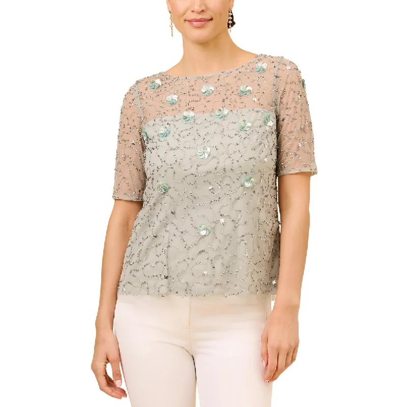 Adrianna Papell Womens Embellished Boat Neck Blouse