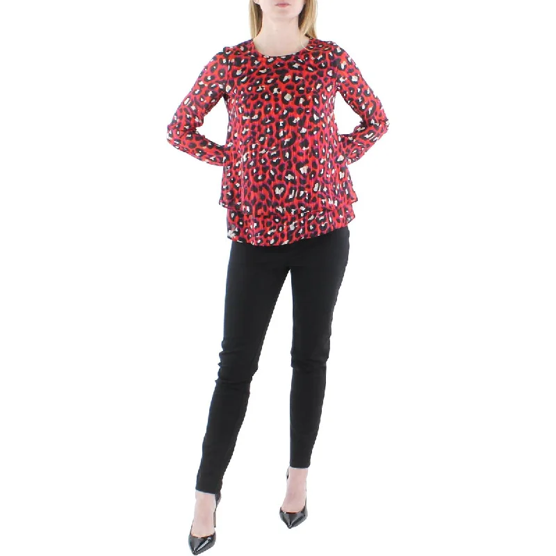 Anne Klein Womens Leopard Print Keyhole Blouse