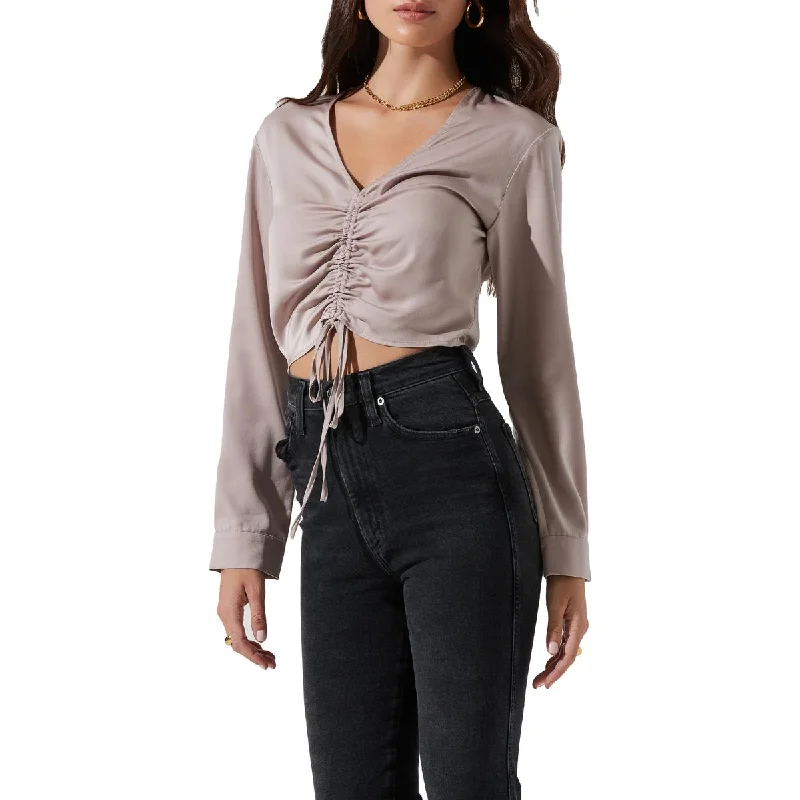 ASTR The Label Women's Satin Ruched Long Sleeve Cropped V-Neck Blouse