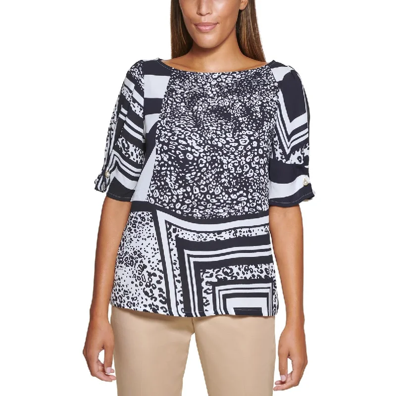 DKNY Womens Petites Printed Embellished Blouse