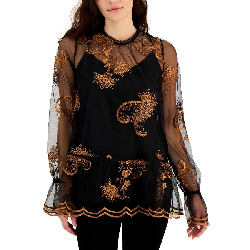 Fever Womens Mesh Embroidered Blouse