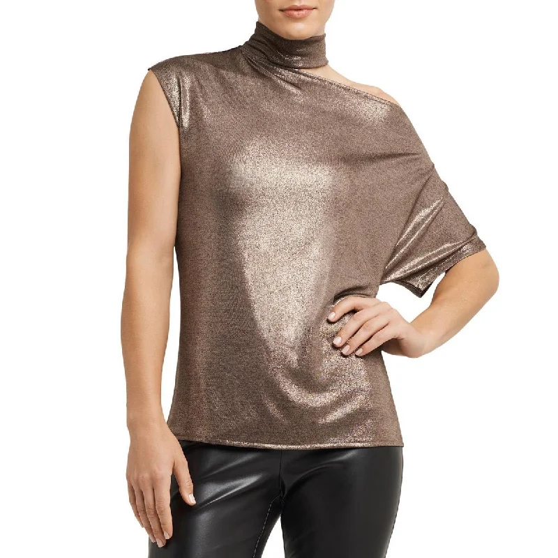 H Halston Womens Metallic Mock Neck Blouse