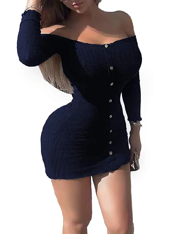 TastyHottie - Knitted Botton Down Mini Club Dress Bodycon Tops Blouse Long Sleeve Pullover Sweater Dress