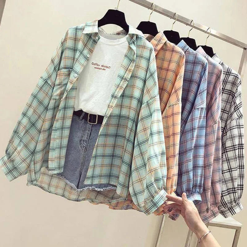 Korean Style Plaid Classic Loose Shirts Blouse Women Daily Cute Student Women Clothing Fashion Vintage Shirt