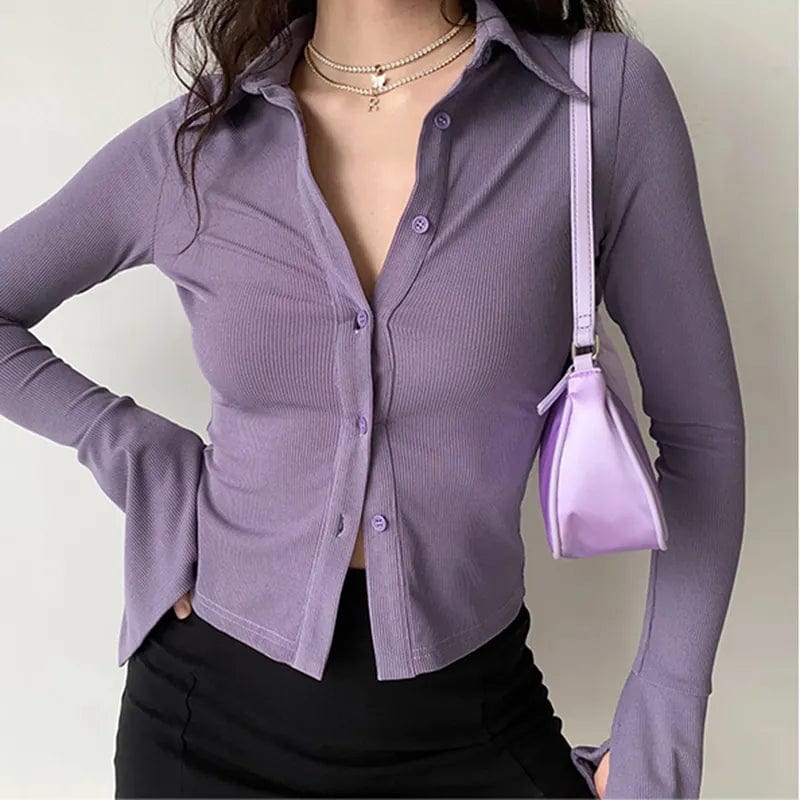 Lapel Single-Breasted Flared Collar Solid Sleeve Blouse - Women's Slim Fit Long-Sleeve Shirt