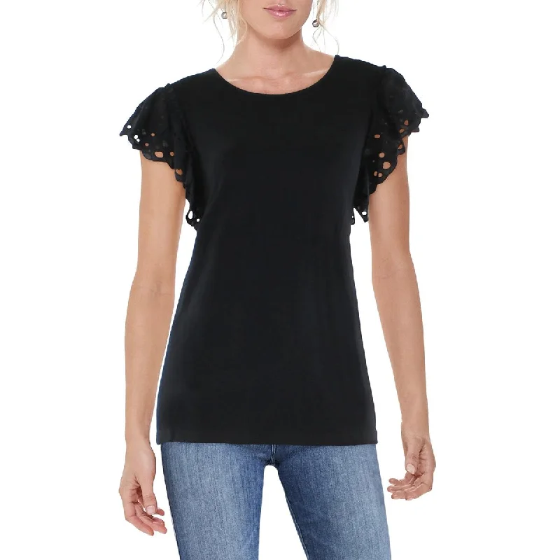 Patrizia Luca Womens Eyelet Ruffled Sleeve Pullover Top