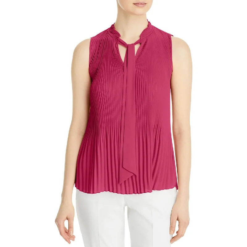 T Tahari Womens Tie Neck Pleated Blouse