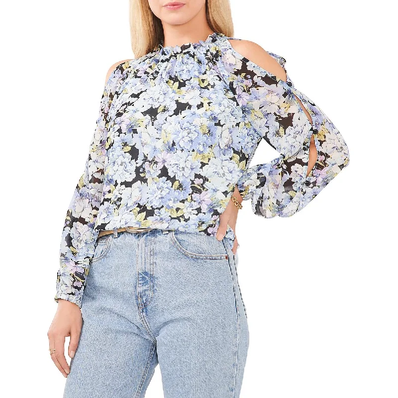 Vince Camuto Womens Floral Print Ruffle Neck Blouse