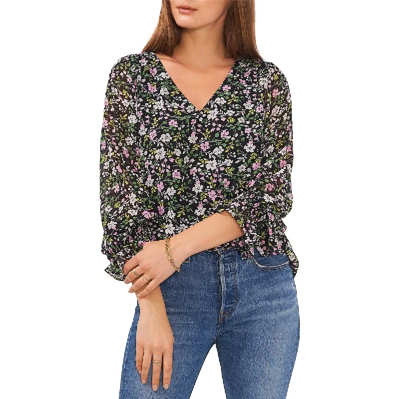 Vince Camuto Womens Floral Print V-Neck Blouse