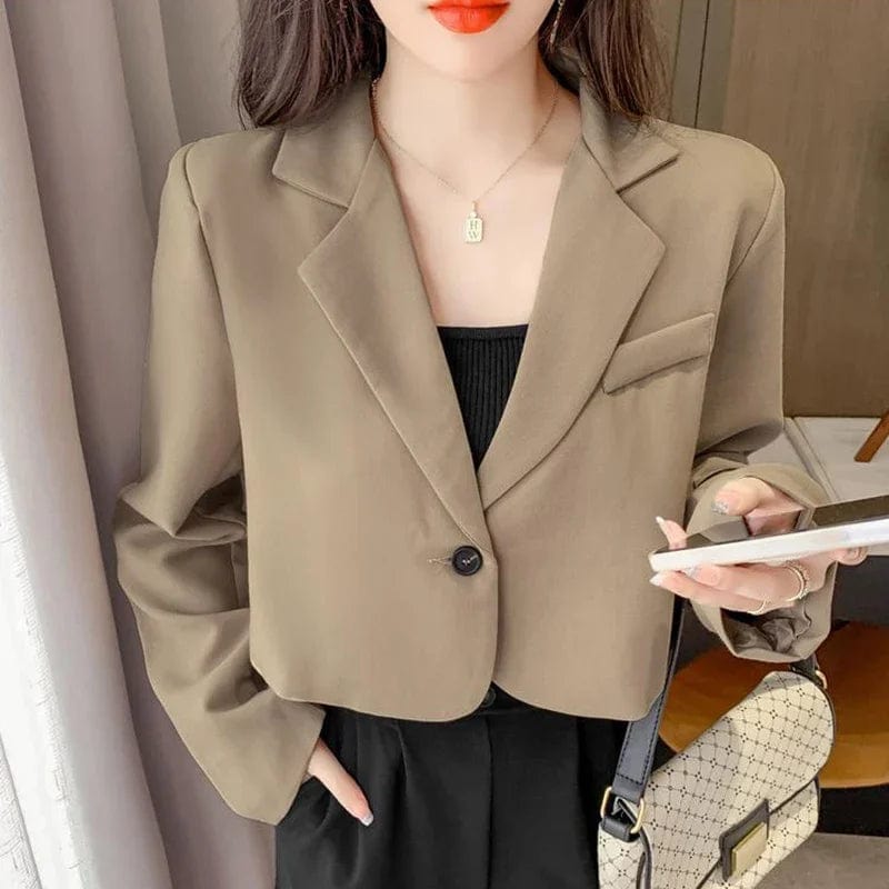 Women's Cropped Blazer – Solid Color Single-Button Long Sleeve Office Suit Jacket