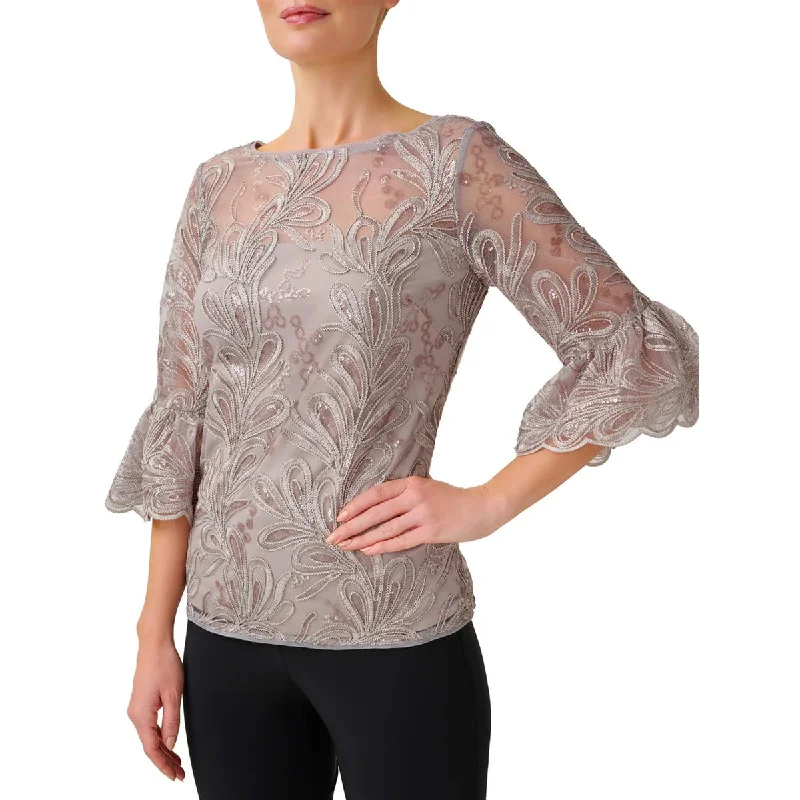 Adrianna Papell Womens Embroidered Sequined Blouse