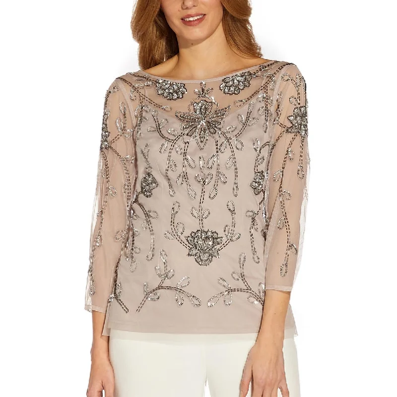 Adrianna Papell Womens Hand-Beaded Illusion Blouse